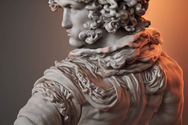 Image similar to a beautiful porcelain Baroque style bust of handsome young Spanish man with colored pipecleaners coming out of the neck suspended in space, photorealism, octane render, depth of field, 8k, 35mm, artgem, Trending on artstation
