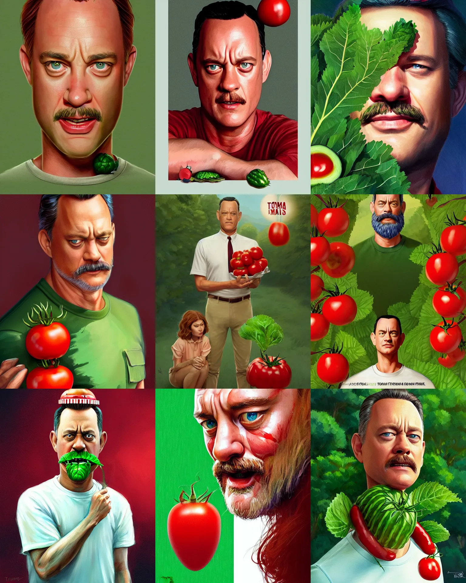 Prompt: forest gump starring tom hank sas a tomato, his skin is red with leafy green hair, pickle rick animation character, dramatic lighting, tom hanks tomato face, shaded lighting poster by magali villeneuve, artgerm, jeremy lipkin and michael garmash, rob rey and kentaro miura style, artstation
