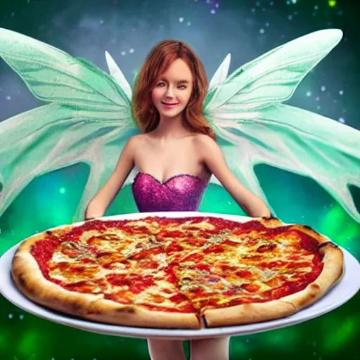 Image similar to fairy with pizza for wings,