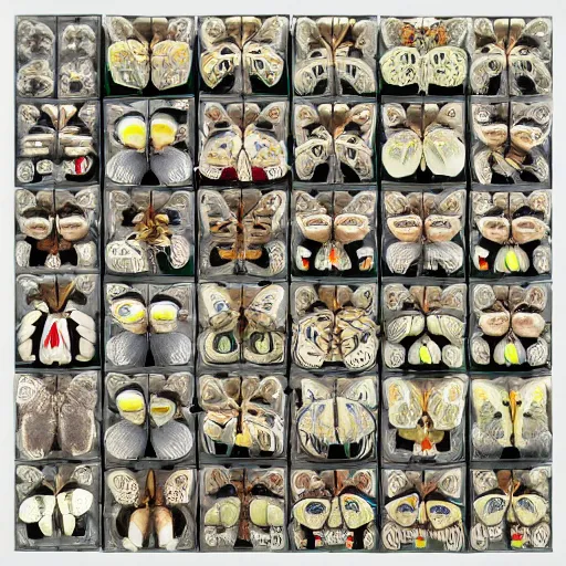 Prompt: composition of 9 square boxes with different moths spicies, diorama, front view, light mode, led lamps, macro photo, canon camera, leans 3 5 mm f 2. 8, 8 k