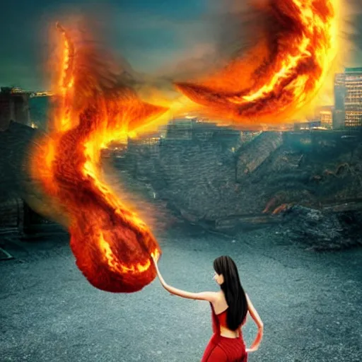 Image similar to a woman on fire, city on fire, giant, photoshop, sci - fi, creative and cool, photo manipulation, in another planet