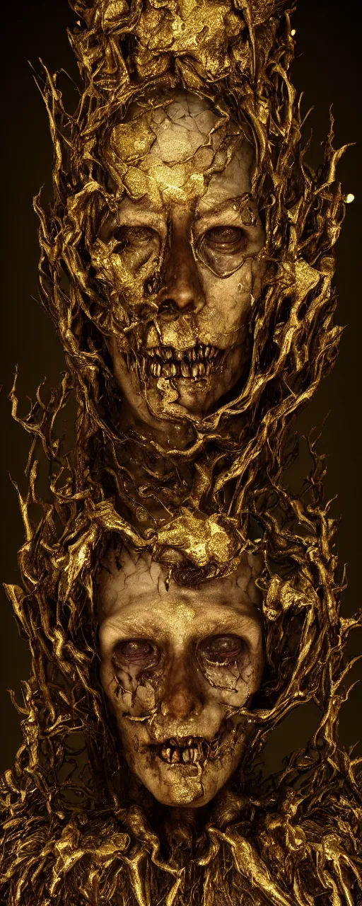 Image similar to portrait photo of a surreal god of death in the middle of a ancient wood, gold raining in the background, ultra super good realistic 3D render by Pete Morbacher and Emil Melmoth, insanely detailed, trending on artstation, sharp focus