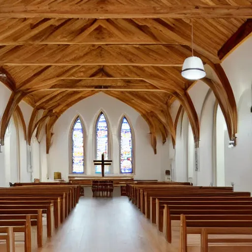 Image similar to a Church interior with white walls and wood floor