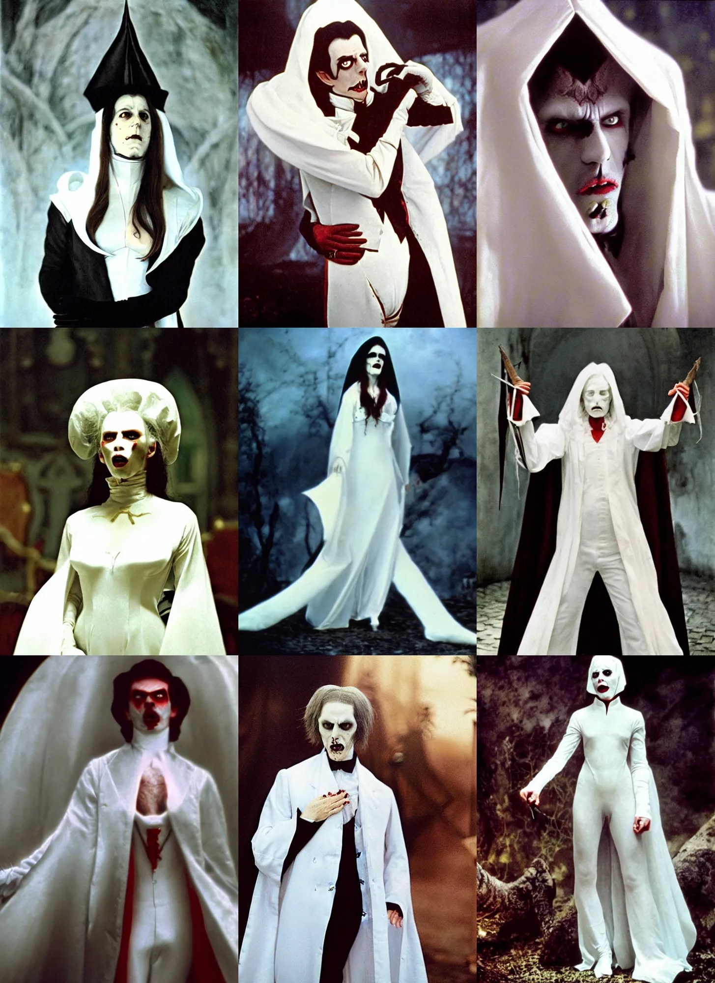 Prompt: portrait of a vampire in a white costume, a colorized photo by adolf hiremy - hirschl and jodorowsky, tumblr, viennese actionism, movie still, criterion collection, filmic