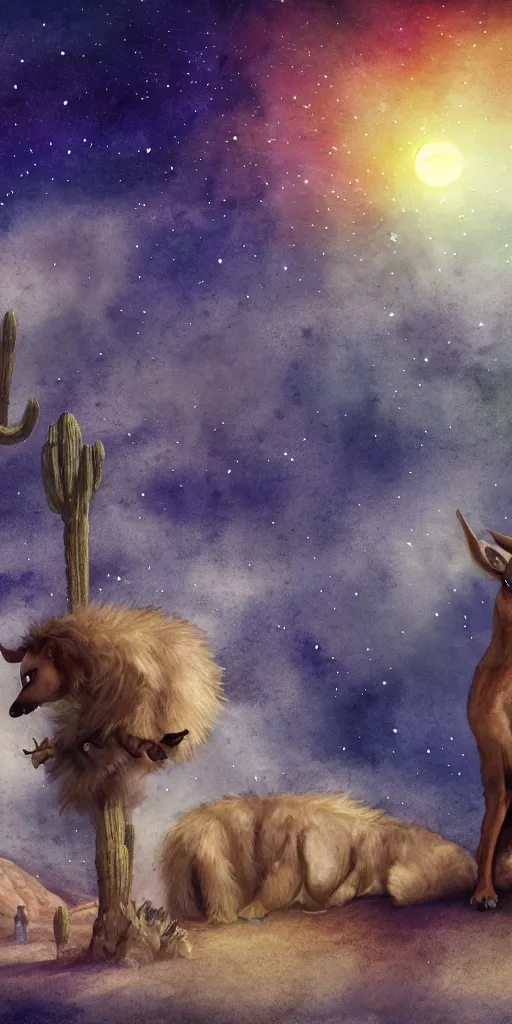 Prompt: fantasy animals standing in the desert with sky with stars in watercolor, cinematic, highly detailed wide, atmospheric lighting, muted colors