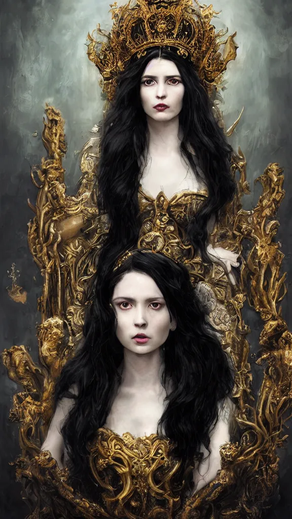 Image similar to a beautiful black haired woman with pale skin and a crown on her head sitted on an intricate metal throne, intimidating woman, large black eyes, high forehead, smooth pale skin, ethereal skin, ominous, eldritch. oil painting by nuri iyem, james gurney, james jean, greg rutkowski, highly detailed, soft lighting, chiaroscuro