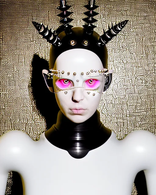 Prompt: symmetrical portrait of a biomechanical cyborg wearing a silicone steel spikes studded iridescent beauty mask and neon hair buns, wearing a black bodysuit by iris van herpen, cream white background, soft diffused light, biotechnology, humanoid robot, bjork aesthetic, translucent, by rineke dijkstra, intricate details, highly detailed, masterpiece,