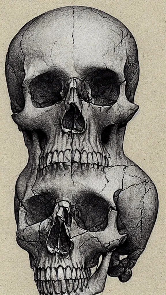 Image similar to Leonardo da Vinci pencil sketch of the human skull, Body horror, Biopunk, Creepy