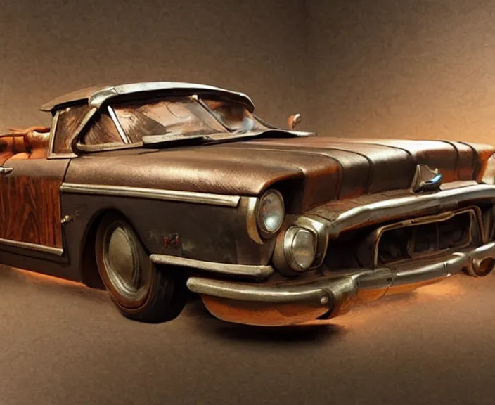 Image similar to a wooden sculpture of a vintage car from fallout 4, digital art by studio ghibli and greg rutkowski, beautiful, cute, hyperrealism artstyle, amazing lighting