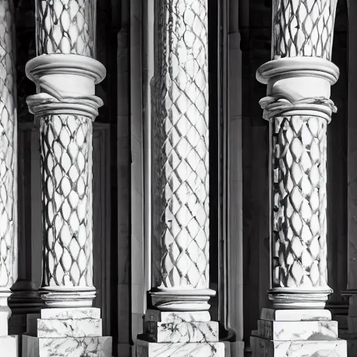 Prompt: interior of a white marble labyrinth in ornate renaissance style carving. symmetry columns, architectural photograph, sharp focus