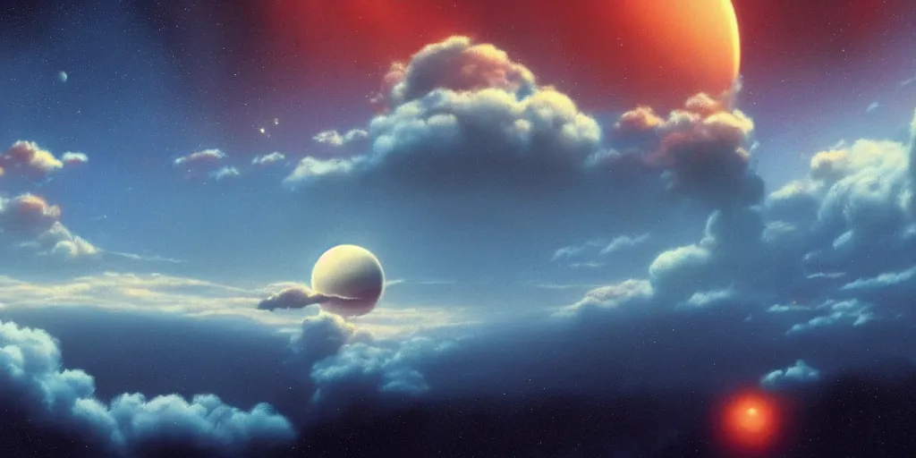 Image similar to blue dreamy cloudscape with a single planet in the clouds, daylight, cinematic lighting, cinematic perspective, syd mead, john harris, federico pelat,