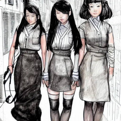 Prompt: a perfect, realistic professional digital sketch of close-up Japanese schoolgirls posing in a sci-fi alleyway, style of Marvel, full length, by pen and watercolor, by a professional American senior artist on ArtStation, a high-quality hollywood-style sketch, on high-quality paper