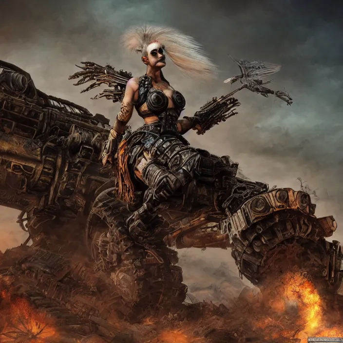 Prompt: beautiful apocalyptic woman with mohawk, standing on mad max panzer tank, hyper-detailed, smooth, sharp focus, 4k ultra hd, fantasy dark art, tank girl, artgerm, artstation, octane render, elegant, detailed digital painting, apocalyptic art, Francis bacon, gears of war, unreal engine, 3d depth map