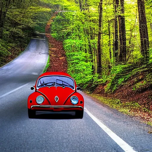 Image similar to promotional scifi - mystery movie scene of a real ladybug that is a hybrid with a ( volkswagen beatle ) hybrid, flying down a dusty back - road in smokey mountains tennessee. cinematic, 4 k, imax, 7 0 mm, muted dramtic color, hdr