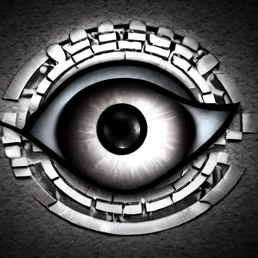 Image similar to a cyberpunk style eye with a rhombus behind it on a black background.