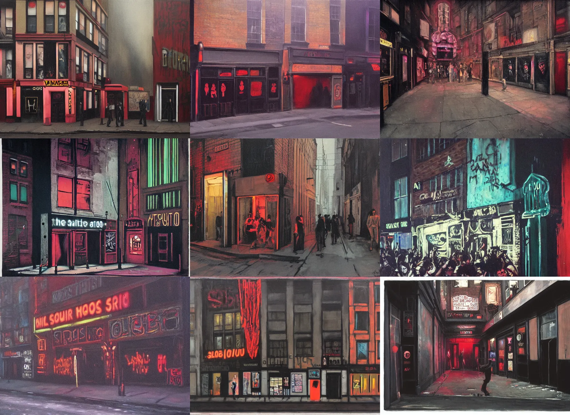 Prompt: A 1980s goth nightclub in Soho, painted by Dan Witz