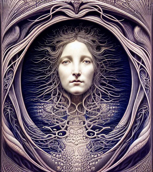 Prompt: detailed realistic beautiful porcelain moon goddess face portrait by jean delville, gustave dore, iris van herpen and marco mazzoni, art forms of nature by ernst haeckel, art nouveau, symbolist, visionary, gothic, neo - gothic, pre - raphaelite, fractal lace, intricate alien botanicals, ai biodiversity, surreality, hyperdetailed ultrasharp octane render