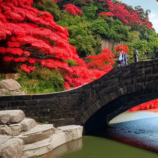 Prompt: there is a red stone bridge over a black river, white chrysanthemums grow beside both sides of the river, and there is a back view of a person under the bridge