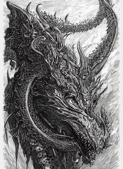 Prompt: highly detailed picture of great dragon, sketch tattoo, edge of the universe, perfectly face, highly detailed, masterpiece, trending on artstation, golden ratio, cinematic romantic magical, perfect intricate highly detailed painting by gustave dore, digital art
