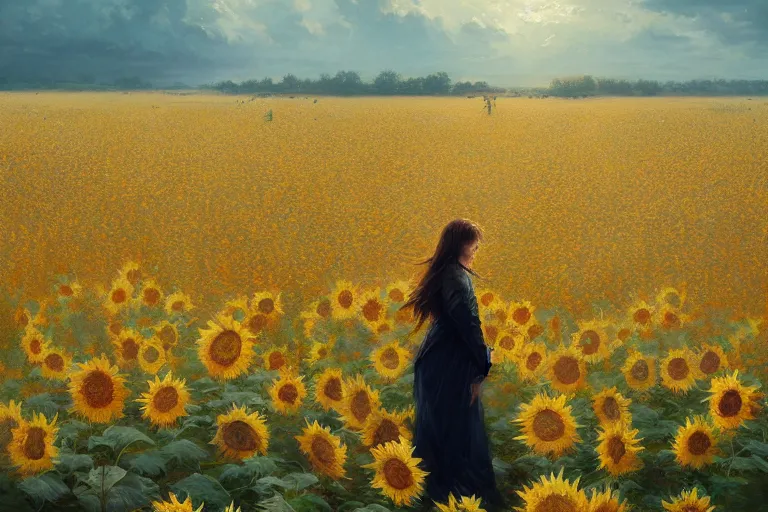 Image similar to a beautiful painting of the sea of sunflowers, girl, by greg rutkowski, trending on artstation