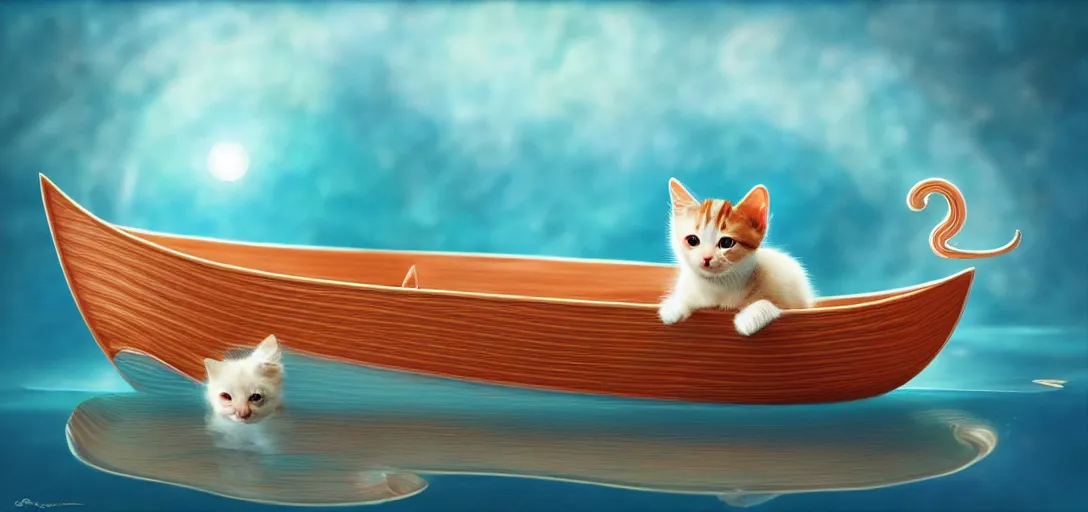 Prompt: a kitten in a boat, translucent and hyperrealistic and ultra - detailed in the style of roger dean and wlop, bloom, glow, reflection, refraction, matte, glossy, smooth, emissive material