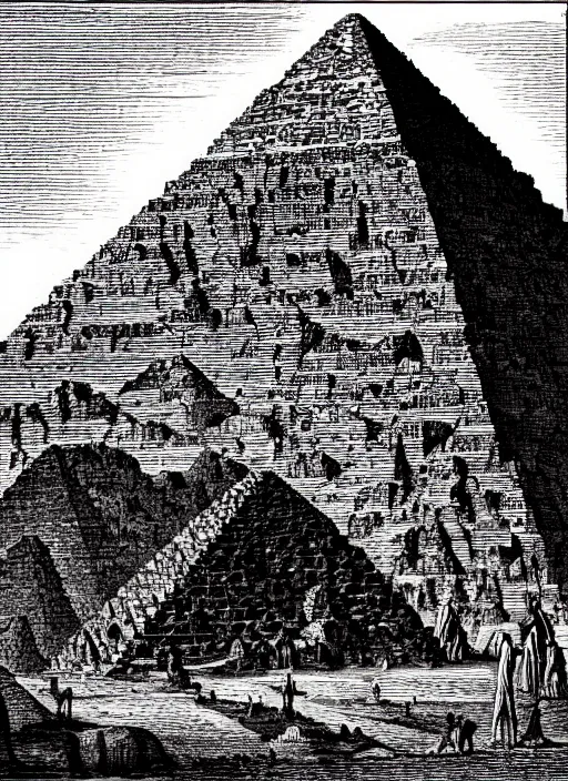 Image similar to nyarlatothep, the bloody tongue, pyramids in the background, in the style of gustav dore