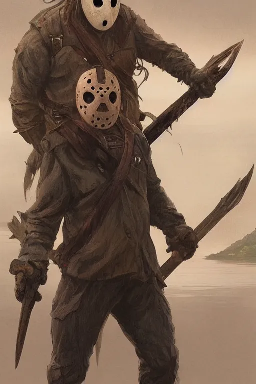 Image similar to portrait of Jason Voorhies emerging from the lake, D&D, fantasy, highly detailed, digital painting, artstation, concept art, smooth, sharp focus, illustration, art by artgerm and greg rutkowski and alphonse mucha