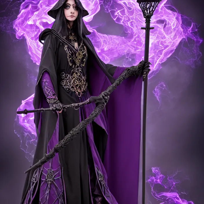 Image similar to photograph of a real - life beautiful! elemental darkness witch with ornate black and purple robes and staff. extremely detailed. 8 k