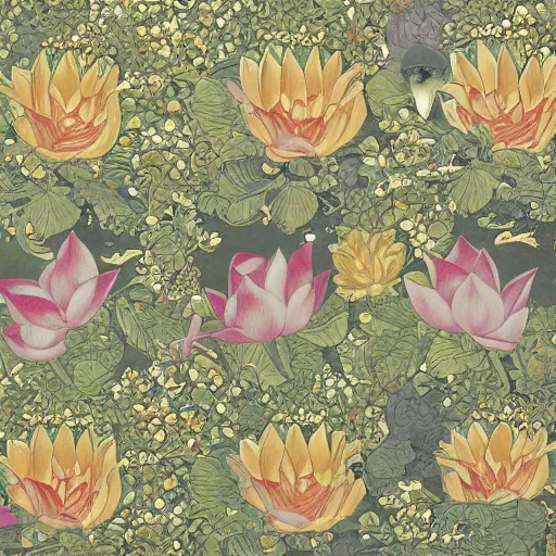 Prompt: Gilded lotus princess, ivy, oriental wallpaper, 💐james jean