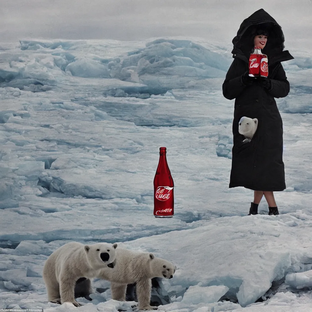 Prompt: a single woman wearing a parka drinking a bottle of coke in front of an icy polar landscape full of snowdrifts and ice, polar bear in the far background, coka-cola advertisement, retro ad, print advertising, 1960's