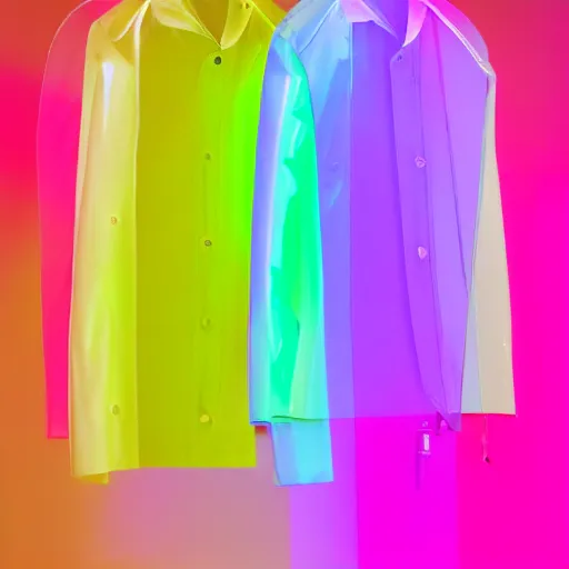 Image similar to an ultra high definition professional studio quality photograph of a transparent iridescent perspex pastel coloured raincoat with neon yellow guide ropes on a coat hook in an empty white room. dramatic lighting, ray tracing, refraction, shallow d. o. f, colour corrected, golden ratio, three point light. volumetric shadows. light rays.