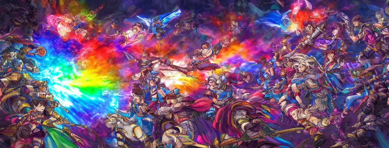 Image similar to super colorful rainbow souls fighting on a battlefield with spirit power flying around. hyperrealistic anime background illustration by kim jung gi, colorful, extremely detailed intricate linework, smooth, super sharp focus, bright colors, high contrast, matte, octopath traveler, unreal engine 5 highly rendered, global illumination, radiant light