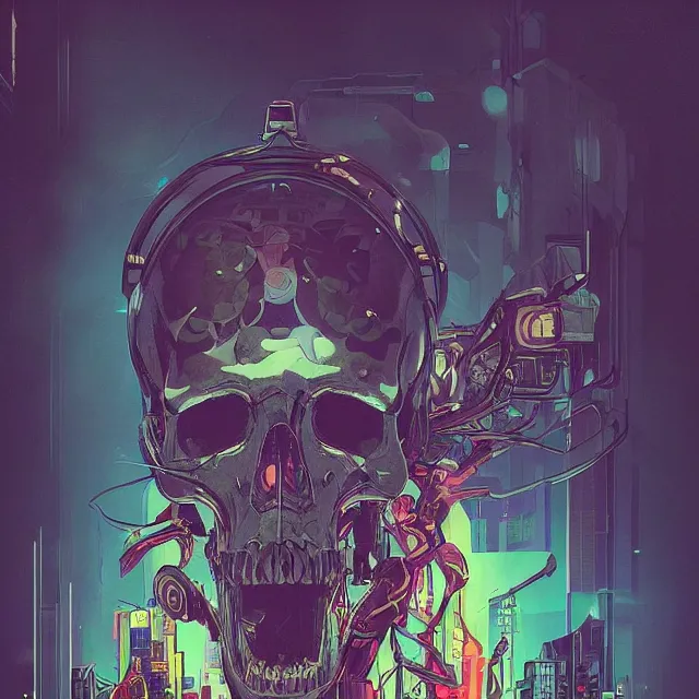 Image similar to a beautiful painting of a ( cyberpunk ) skull by simon stalenhag and pascal blanche and alphonse mucha! and nekro. in style of digital art. colorful comic, film noir, symmetry, hyper detailed. octane render. trending on artstation