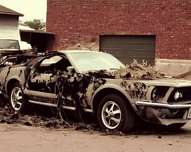 Image similar to 1973 photo of mustang wrecked into brick wall retro film picture