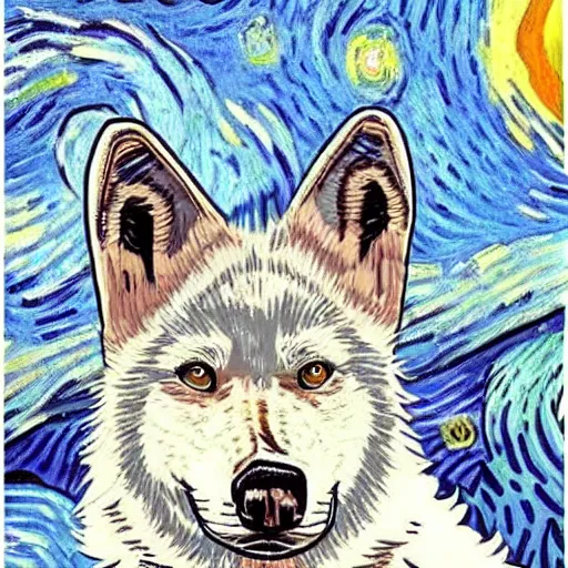 Image similar to retarded wolf, van gogh style, vivid