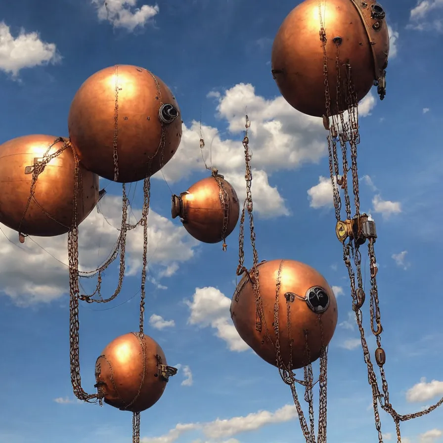 Prompt: beautiful steampunk blimps high in the sky, copper chains hanging from the edges, golden hour, steam clouds, clouds, valves, award winning photography, highly detailed, low poly, extremely wide angle