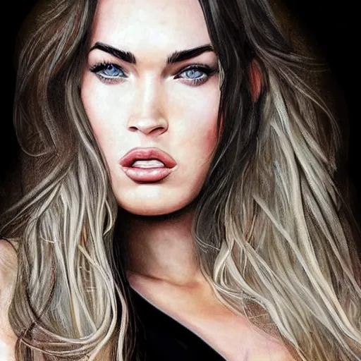 Image similar to megan fox sticking her tongue out. hyperrealistic portrait, photo realistic, poster, artstation, volumetric lighting, digital art, very detailed face by magali villeneuve