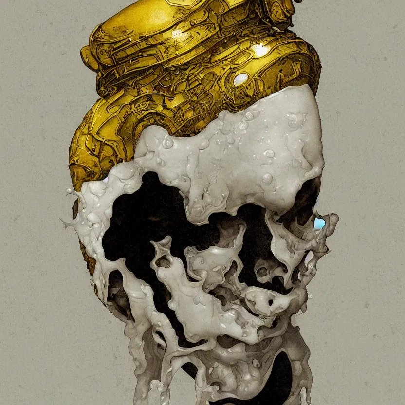 Image similar to a dark baroque close - up portrait of a yellow and white porcelain being made out of white liquid sci - fi vitrified translucent ceramic marble ; china. reflective detailed textures. gloomy black background. highly detailed fantasy science fiction painting by moebius, norman rockwell, frank frazetta, and syd mead. rich colors, high contrast. artstation