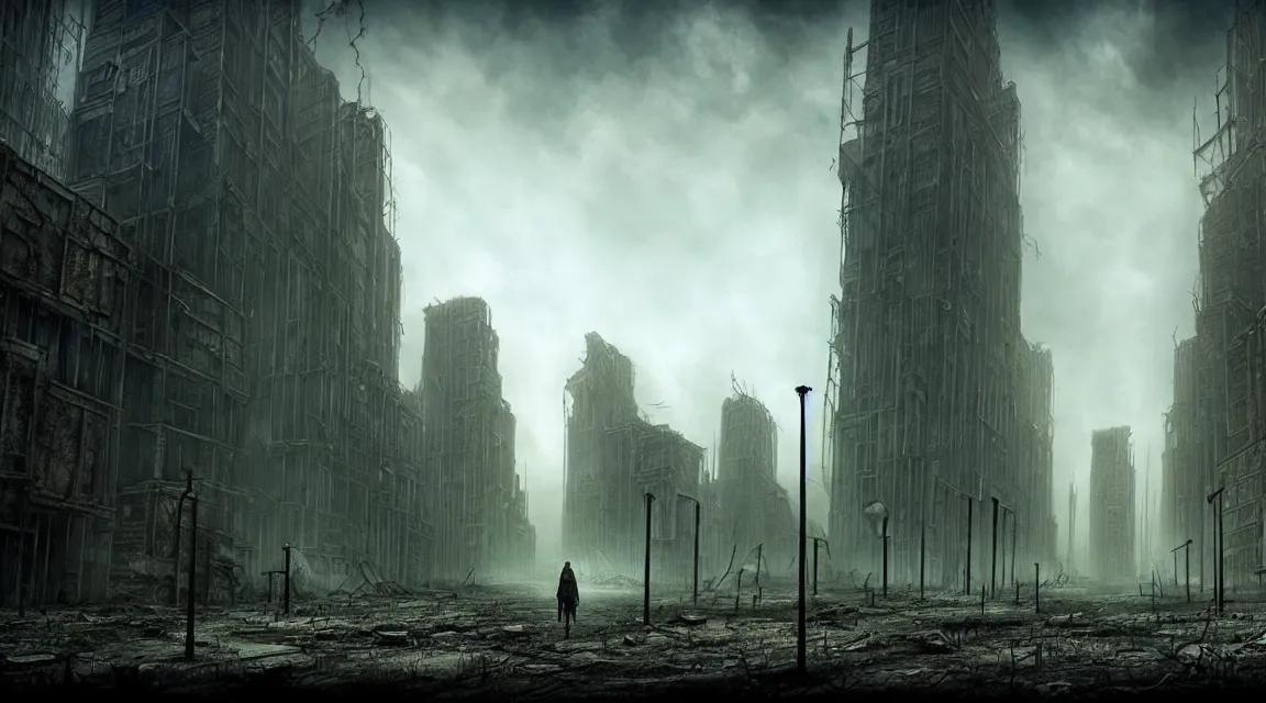 Image similar to post - apocalyptic dystopian building, avenue, in the style of vladimir manyukhin