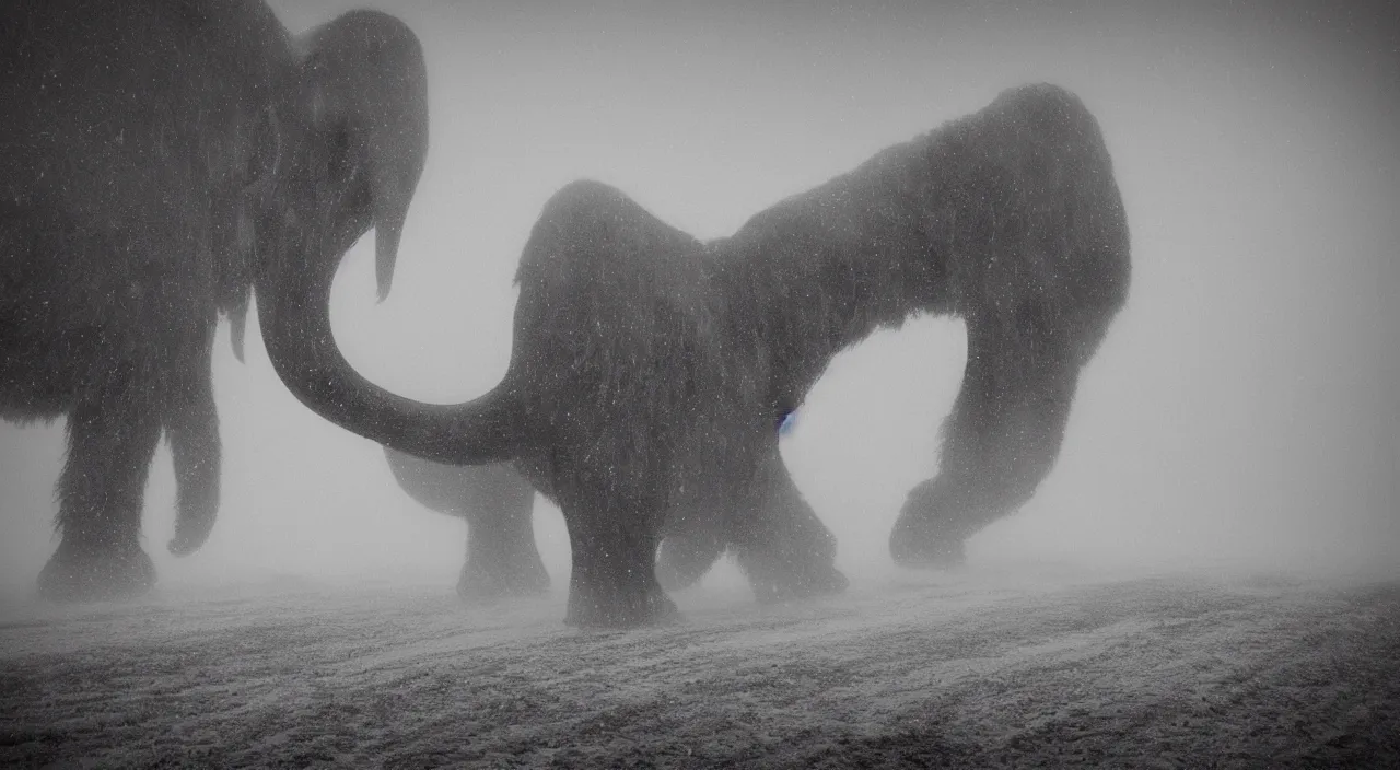 Prompt: “photo of one biomechanical mammoth in an arctic storm with fog and blizzard, the mammoth drags old gigantic coal wagons with snow, it's a sunset photo with cold tones, some people around ”