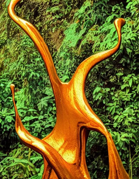 Prompt: vintage color photo of a 1 1 0 million years old abstract liquid gold sculpture covered by the jungle vines