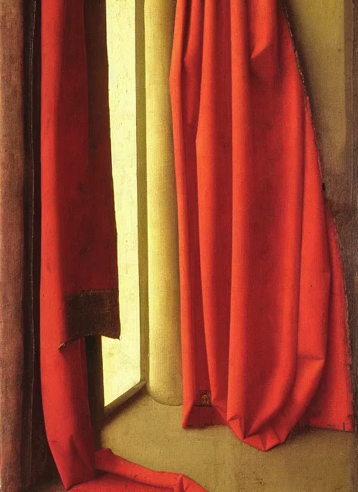 Image similar to red curtain, medieval painting by jan van eyck, johannes vermeer, florence