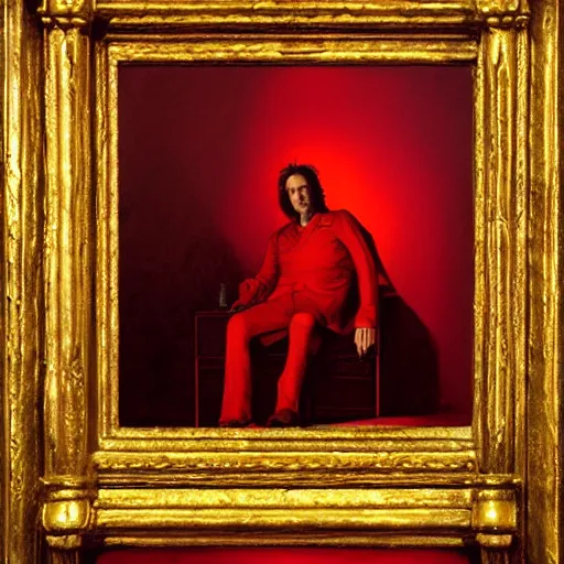 Image similar to Alan Rickman full body laying in a blood red pool of water between a golden mirror frame, outside is space and inside the mirror frame is a beautiful landscape., physically accurate, dynamic lighting, intricate, elegant, highly detailed, very very Roberto Ferri, sharp focus, illustration, art