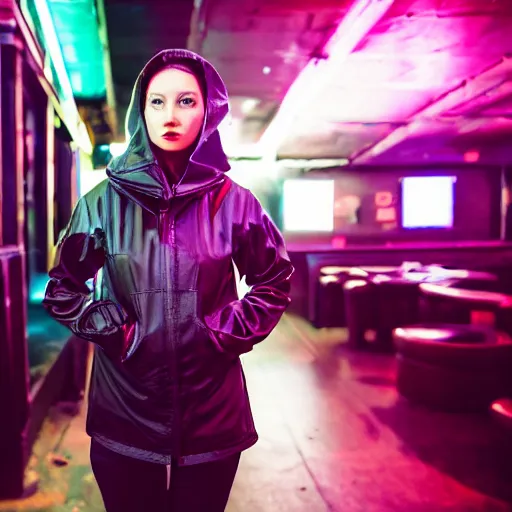 Prompt: photograph of a retro techwear women near the bar of a packed busy rundown nightclub, retrofuturism, brutalism, cyberpunk, sigma 85mm f/1.4, 15mm, 35mm, tilted frame, long exposure, 4k, high resolution, 4k, 8k, hd, wide angle lens, highly detailed, full color, harsh light and shadow