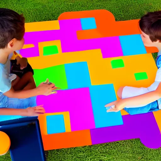 Image similar to photo of (kids with computers)!! outside in the sun, large roblox!! shapes floating all over, bright colors