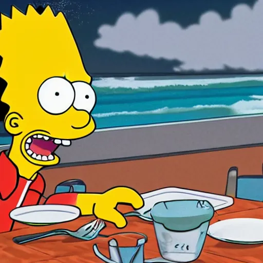 Prompt: Bart Simpson surfing the imaginary wave on the kitchen table at breakfast, by ROSS tran, 4k