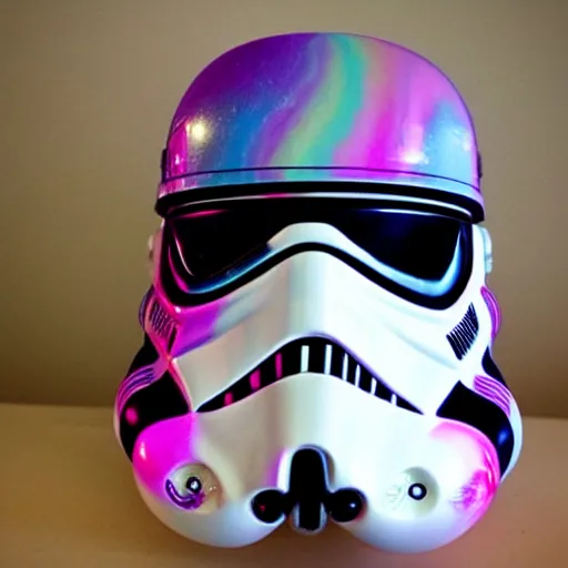 Prompt: a storm trooper helmet designed by lisa frank