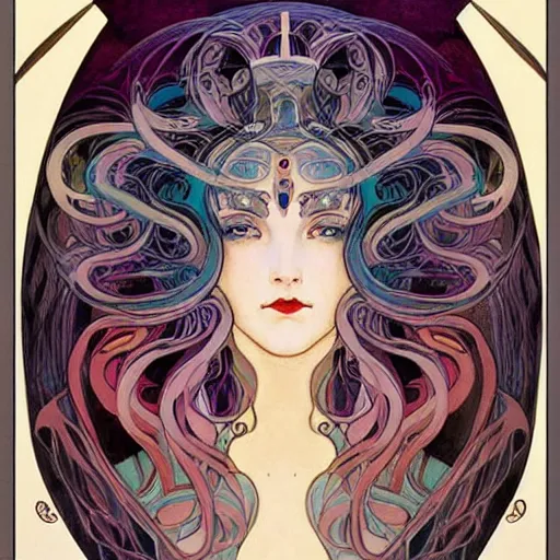 Prompt: The Goddess of Creation, beautiful eyes, symmetrical face, paint, ink, palettes, spectrum, in the style of Joshua Middleton, Mucha, Kandinsky