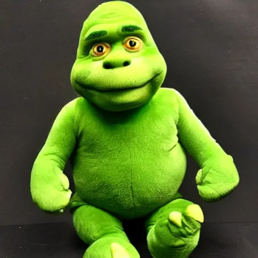 Image similar to a terrible knockoff plush toy of Shrek being sold on ebay, photograph, poorly taken photograph, weird angle, realistic, hyperrealistic, very detailed, extremely detailed, dark lighting, poor lighting, very realistic, thumb on the camera lens, HD quality, 8k resolution, funny