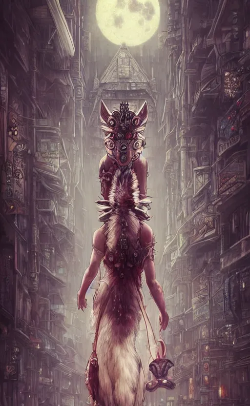 Image similar to hyper realistic Princess Mononoke, ornate mask magic, wet market street, cyberpunk metropolis, city landscape, jewels, full body pose, full moon, wolf by her side, style of tom bagshaw, mucha, james gurney, norman rockwell, denoised, sharp